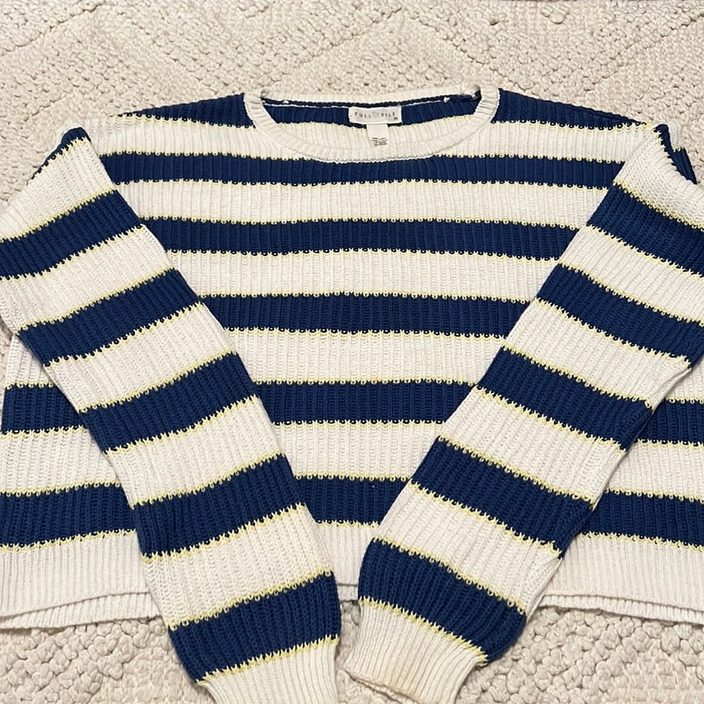 Blue and white knit sweater